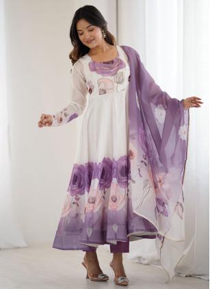 
                      Floral Printed Organza White Anarkali Style Suit