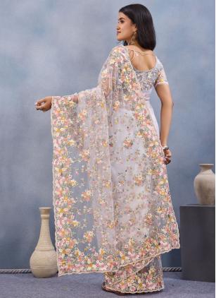 
                      White Classic Embroidered and Resham Work Saree