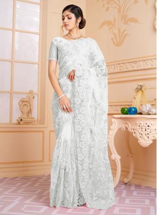 
                      Net Moti Embroidered White Classic Saree