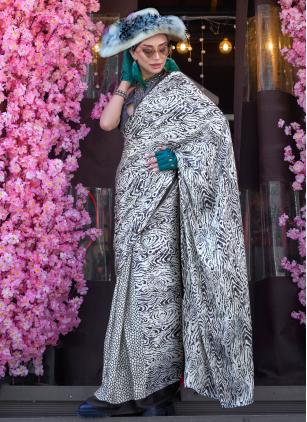 
                      Satin Print White Classic Saree