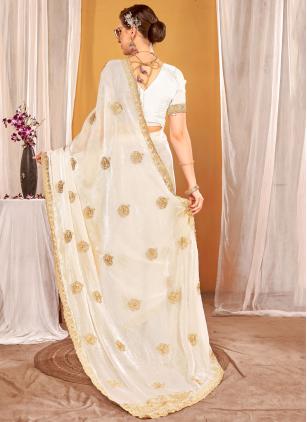 
                      White Zari Embroidered Fandy Silk Traditional Saree