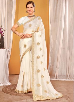 
                      White Zari Embroidered Fandy Silk Traditional Saree