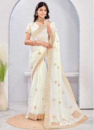 
                      Embroidered Fandy Silk White Traditional Saree