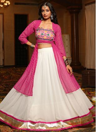 
                      White Embroidered Faux Georgette Festive Lehenga