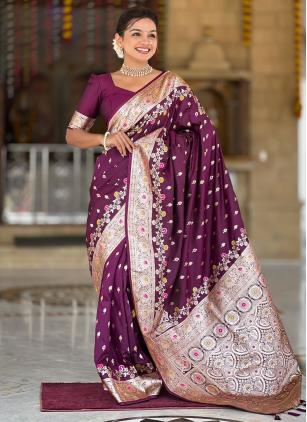 
                      Banarasi Silk Zari Weaving Wine Designer Saree