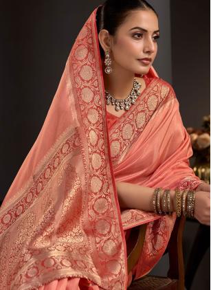 
                      Woven Ceremonial Peach Viscose Contemporary Saree