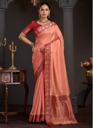 
                      Woven Ceremonial Peach Viscose Contemporary Saree
