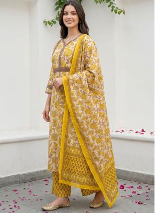 
                      Yellow Cotton Pant Style Suit with Print Work