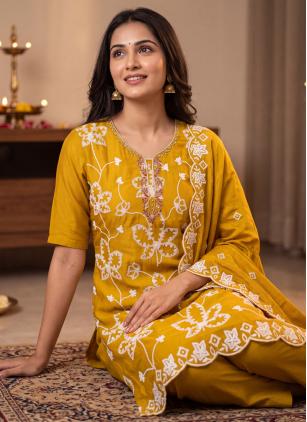 
                      Yellow Cotton Silk Embroidered Trendy Salwar Kameez