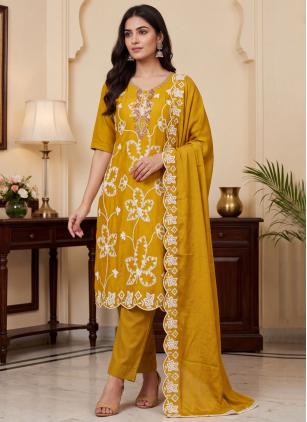 
                      Yellow Cotton Silk Embroidered Trendy Salwar Kameez