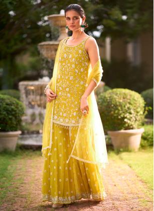 
                      Yellow Cut Dana Work Georgette Palazzo Salwar Suit