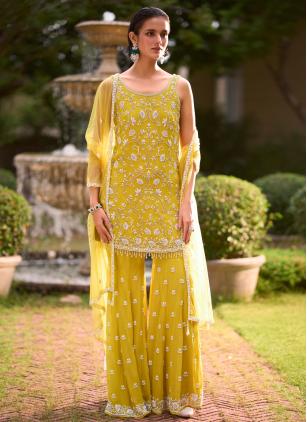 
                      Yellow Cut Dana Work Georgette Palazzo Salwar Suit