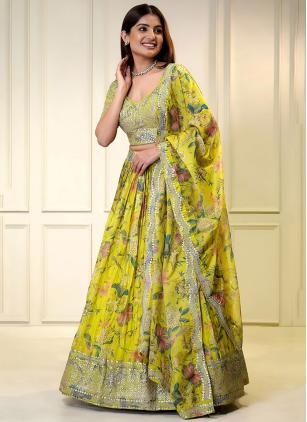 
                      Yellow Digital Print Sequins Work Organza Trendy Lehenga Choli
