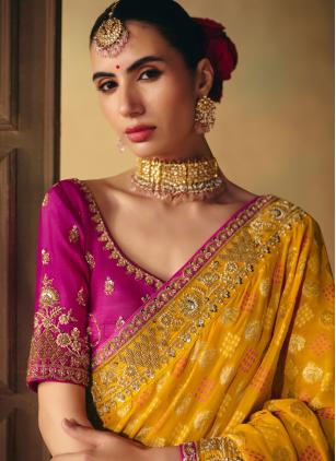 
                      Yellow Engagement Pure Georgette Contemporary Saree