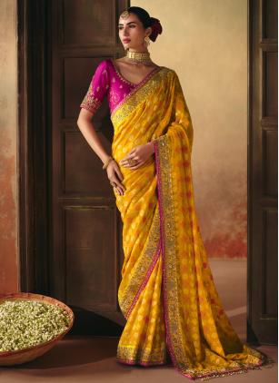 
                      Yellow Engagement Pure Georgette Contemporary Saree