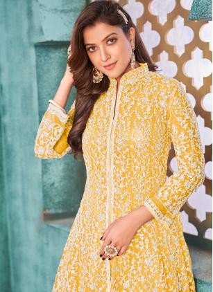 
                      Embroidered Net Yellow Designer Salwar Suit