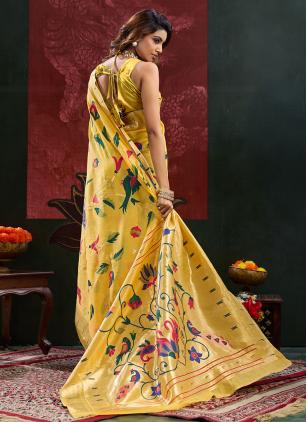 
                      Yellow Meenakari Work Cotton Silk Saree