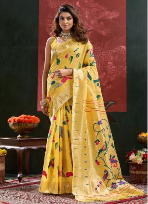 
                      Yellow Meenakari Work Cotton Silk Saree