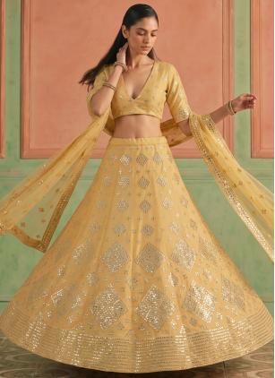 
                      Yellow Organza Trendy Lehenga Choli