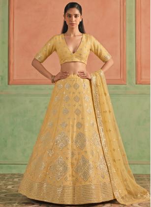 
                      Yellow Organza Trendy Lehenga Choli
