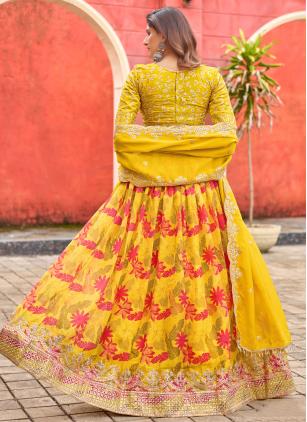 
                      Yellow Silk Floral Print and Embroidered Lehenga Choli