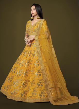 
                      Yellow Silk Embroidered Lehenga Choli for Wedding